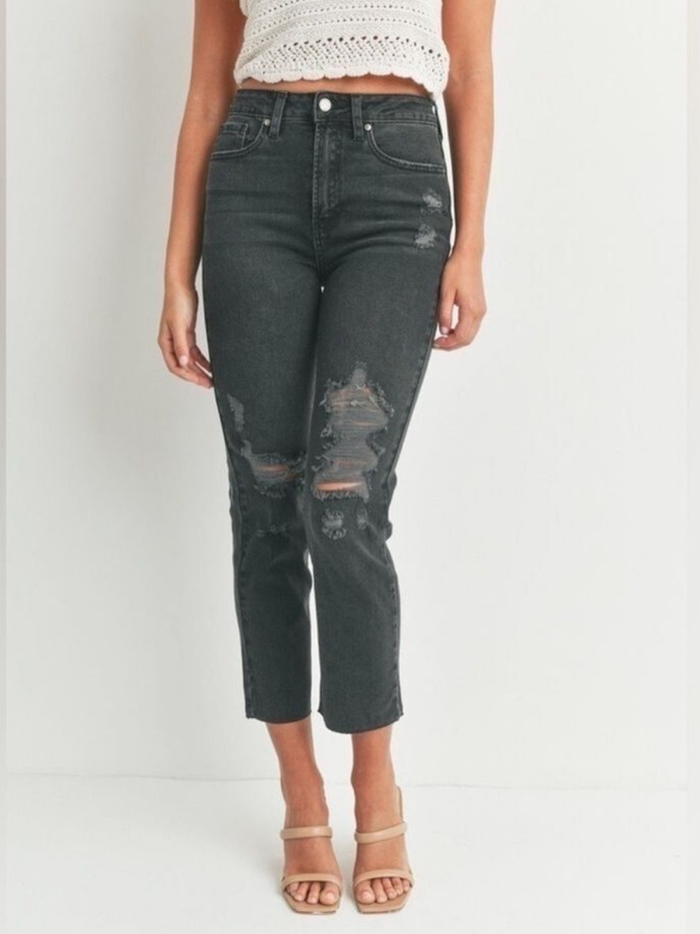 Just Black Denim Karla Ripped-Knee High Rise Straight Leg Cropped Black Jeans